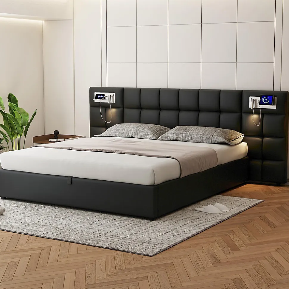 Lit 180x200 cm avec tête rembourrée, rangement hydraulique, port USB et recharge sans fil, PU noir