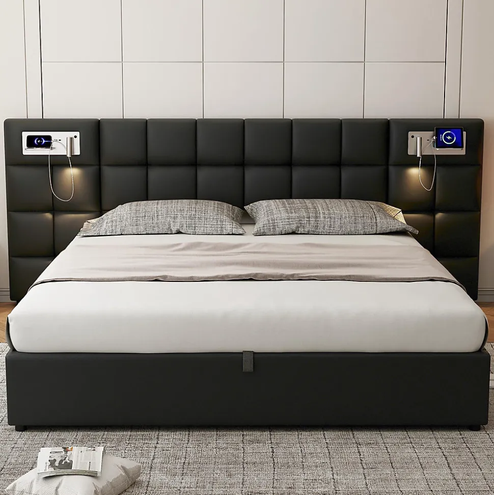 Lit 180x200 cm avec tête rembourrée, rangement hydraulique, port USB et recharge sans fil, PU noir