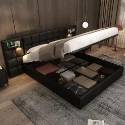 Lit 180x200 cm avec tête rembourrée, rangement hydraulique, port USB et recharge sans fil, PU noir