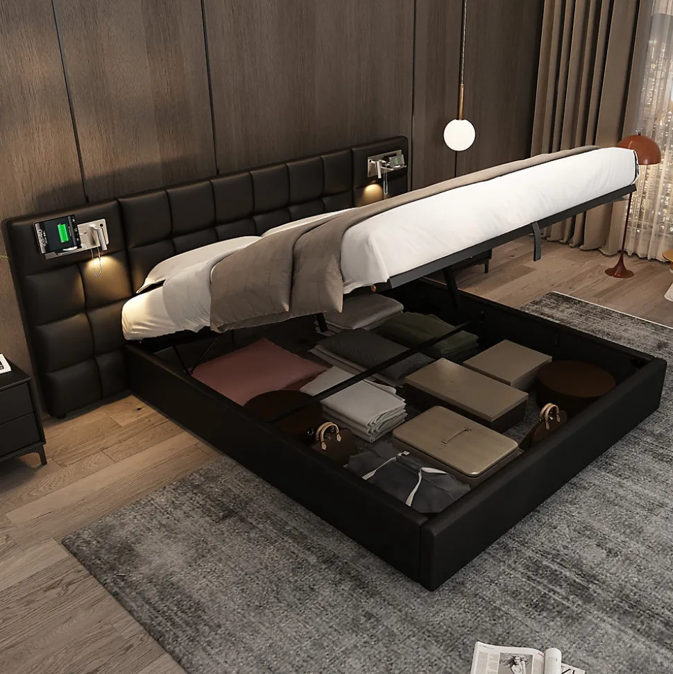 Lit 180x200 cm avec tête rembourrée, rangement hydraulique, port USB et recharge sans fil, PU noir