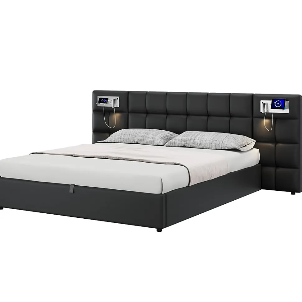 Lit 180x200 cm avec tête rembourrée, rangement hydraulique, port USB et recharge sans fil, PU noir
