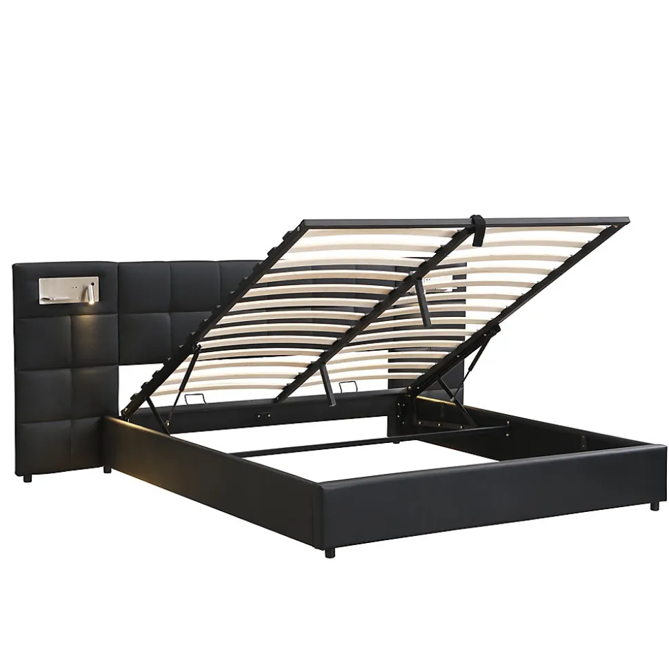 Lit 180x200 cm avec tête rembourrée, rangement hydraulique, port USB et recharge sans fil, PU noir