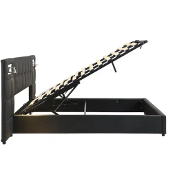 Lit 180x200 cm avec tête rembourrée, rangement hydraulique, port USB et recharge sans fil, PU noir