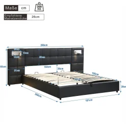 Lit 180x200 cm avec tête rembourrée, rangement hydraulique, port USB et recharge sans fil, PU noir