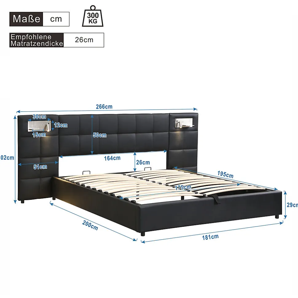 Lit 180x200 cm avec tête rembourrée, rangement hydraulique, port USB et recharge sans fil, PU noir