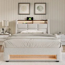 Lit 90x200 cm avec tête rembourrée en lin et éclairage LED multicolore, style vintage, finitions soignées