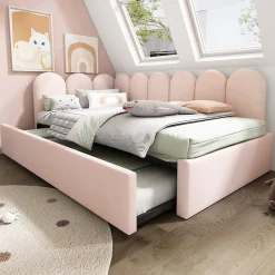 Lit 90x200 cm banquette tapissée velours rose avec lit gigogne 90x190 cm, cadre métal, dossier matelassé