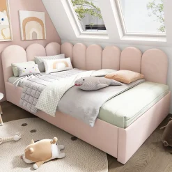 Lit 90x200 cm banquette tapissée velours rose avec lit gigogne 90x190 cm, cadre métal, dossier matelassé