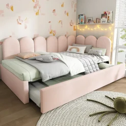 Lit 90x200 cm banquette tapissée velours rose avec lit gigogne 90x190 cm, cadre métal, dossier matelassé