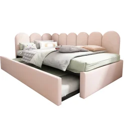 Lit 90x200 cm banquette tapissée velours rose avec lit gigogne 90x190 cm, cadre métal, dossier matelassé