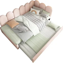 Lit 90x200 cm banquette tapissée velours rose avec lit gigogne 90x190 cm, cadre métal, dossier matelassé