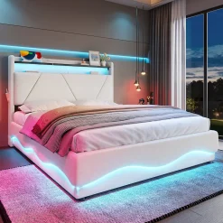 Lit 140x200 cm beige avec LED, ports USB-C, rangement sous le lit et tête de lit design