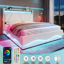 Lit 140x200 cm beige avec LED, ports USB-C, rangement sous le lit et tête de lit design