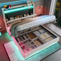 Lit 140x200 cm beige avec LED, ports USB-C, rangement sous le lit et tête de lit design