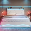 Lit 160x200 cm beige avec LED, ports USB-C, rangement sous le lit et tête de lit design