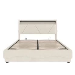 Lit 160x200 cm beige avec LED, ports USB-C, rangement sous le lit et tête de lit design