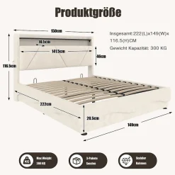 Lit 160x200 cm beige avec LED, ports USB-C, rangement sous le lit et tête de lit design