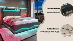 Lit 160x200 cm beige avec LED, ports USB-C, rangement sous le lit et tête de lit design