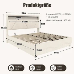 Lit 160x200 cm beige avec LED, ports USB-C, rangement sous le lit et tête de lit design