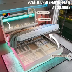 Lit 160x200 cm beige avec LED, ports USB-C, rangement sous le lit et tête de lit design