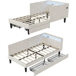 Lit 90x200 cm beige en velours avec tiroirs et rangement, tête de lit LED, ports USB/Type-C, convertible en canapé ou lit simple