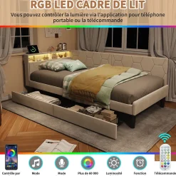 Lit 90x200 cm beige en velours avec tiroirs et rangement, tête de lit LED, ports USB/Type-C, convertible en canapé ou lit simple