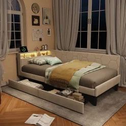 Lit 90x200 cm beige en velours avec tiroirs et rangement, tête de lit LED, ports USB/Type-C, convertible en canapé ou lit simple