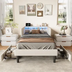 Lit 90x200 cm beige en velours avec tiroirs et rangement, tête de lit LED, ports USB/Type-C, convertible en canapé ou lit simple