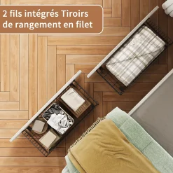 Lit 90x200 cm beige en velours avec tiroirs et rangement, tête de lit LED, ports USB/Type-C, convertible en canapé ou lit simple