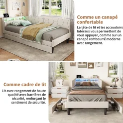 Lit 90x200 cm beige en velours avec tiroirs et rangement, tête de lit LED, ports USB/Type-C, convertible en canapé ou lit simple