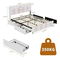 Lit 140x190 cm blanc/rose en velours avec 4 tiroirs, LED 7 couleurs, ports USB, confort et rangement, style moderne