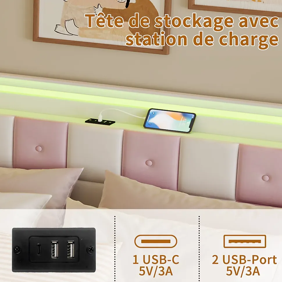 Lit 140x190 cm blanc/rose en velours avec 4 tiroirs, LED 7 couleurs, ports USB, confort et rangement, style moderne