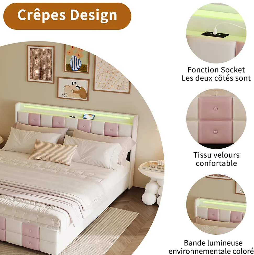 Lit 140x190 cm blanc/rose en velours avec 4 tiroirs, LED 7 couleurs, ports USB, confort et rangement, style moderne