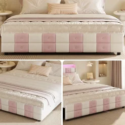 Lit 140x190 cm blanc/rose en velours avec 4 tiroirs, LED 7 couleurs, ports USB, confort et rangement, style moderne