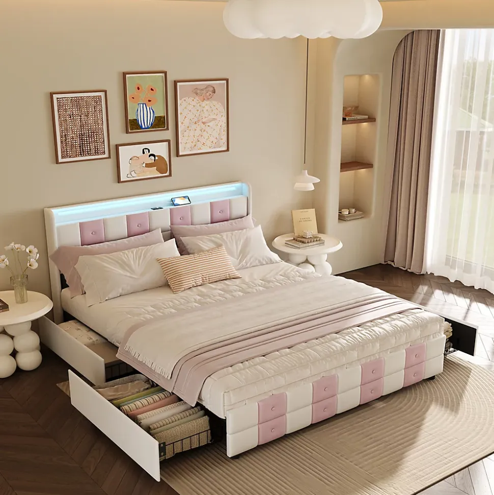 Lit 140x190 cm blanc/rose en velours avec 4 tiroirs, LED 7 couleurs, ports USB, confort et rangement, style moderne