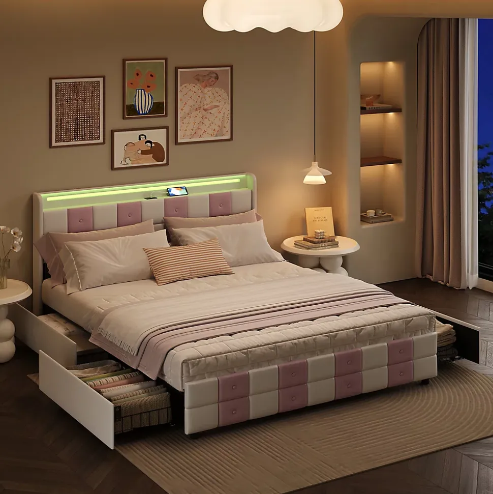 Lit 140x190 cm blanc/rose en velours avec 4 tiroirs, LED 7 couleurs, ports USB, confort et rangement, style moderne