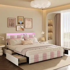 Lit 140x190 cm blanc/rose en velours avec 4 tiroirs, LED 7 couleurs, ports USB, confort et rangement, style moderne