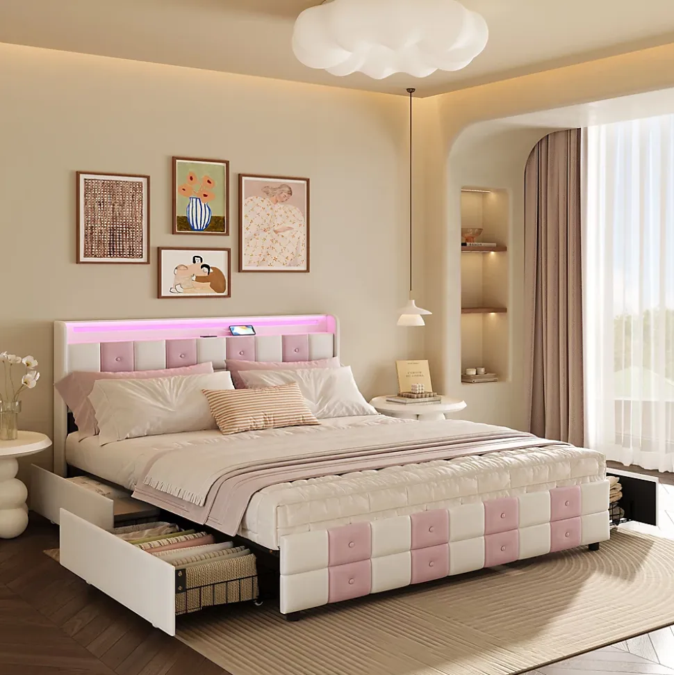 Lit 140x190 cm blanc/rose en velours avec 4 tiroirs, LED 7 couleurs, ports USB, confort et rangement, style moderne