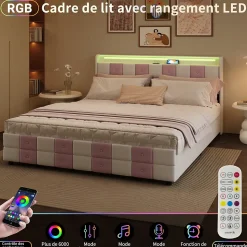 Lit 140x190 cm blanc/rose en velours avec 4 tiroirs, LED 7 couleurs, ports USB, confort et rangement, style moderne