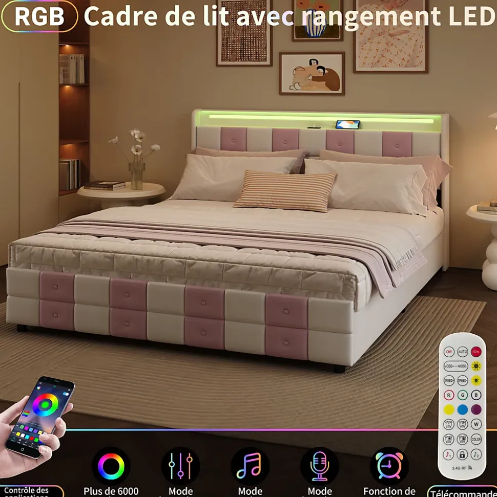 Lit 140x190 cm blanc/rose en velours avec 4 tiroirs, LED 7 couleurs, ports USB, confort et rangement, style moderne