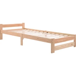 Lit 90x200 cm bois massif, cadre avec sommier à lattes et tête de lit, adapté enfants, ados et adultes, couleur naturel