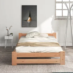 Lit 90x200 cm bois massif, cadre avec sommier à lattes et tête de lit, adapté enfants, ados et adultes, couleur naturel