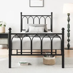 Lit 90x200 cm cadre metal noir avec tete et pied hauts, lattes acier robustes et rangement sous lit 27 cm