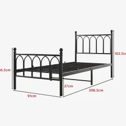 Lit 90x200 cm cadre metal noir avec tete et pied hauts, lattes acier robustes et rangement sous lit 27 cm