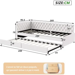 Lit 90x200 cm, canapé convertible extensible avec sommier à lattes, velours, lit enfant et lit d'appoint - Beige