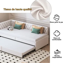Lit 90x200 cm, canapé convertible extensible avec sommier à lattes, velours, lit enfant et lit d'appoint - Beige