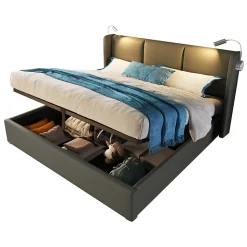 Lit 140x200 cm coffre avec sommier relevable, tête de lit tapissée PU gris et lampe de lecture à chargeur USB