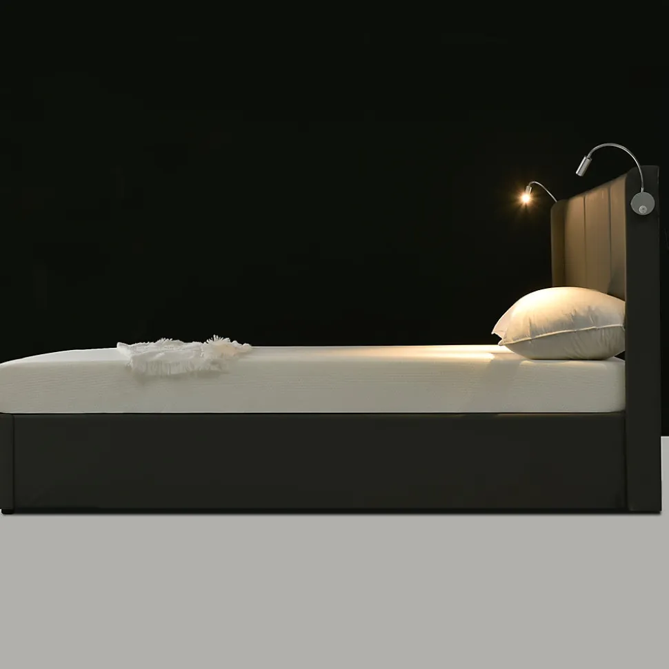 Lit 140x200 cm coffre avec sommier relevable, tête de lit tapissée PU gris et lampe de lecture à chargeur USB