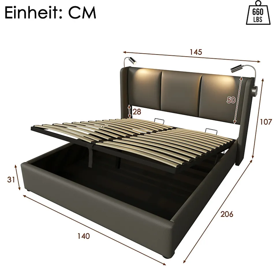 Lit 140x200 cm coffre avec sommier relevable, tête de lit tapissée PU gris et lampe de lecture à chargeur USB