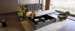 Lit 180x200 cm coffre de rangement avec tête de lit charge sans fil, tapissé coton gris